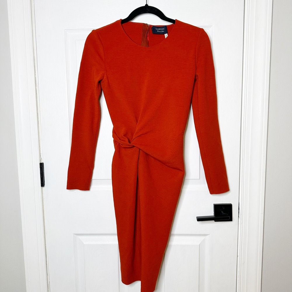 Lanvin River 2015 Jersey Twist Front Wool Dress Womens EU 34/US 2 Orange Luxury